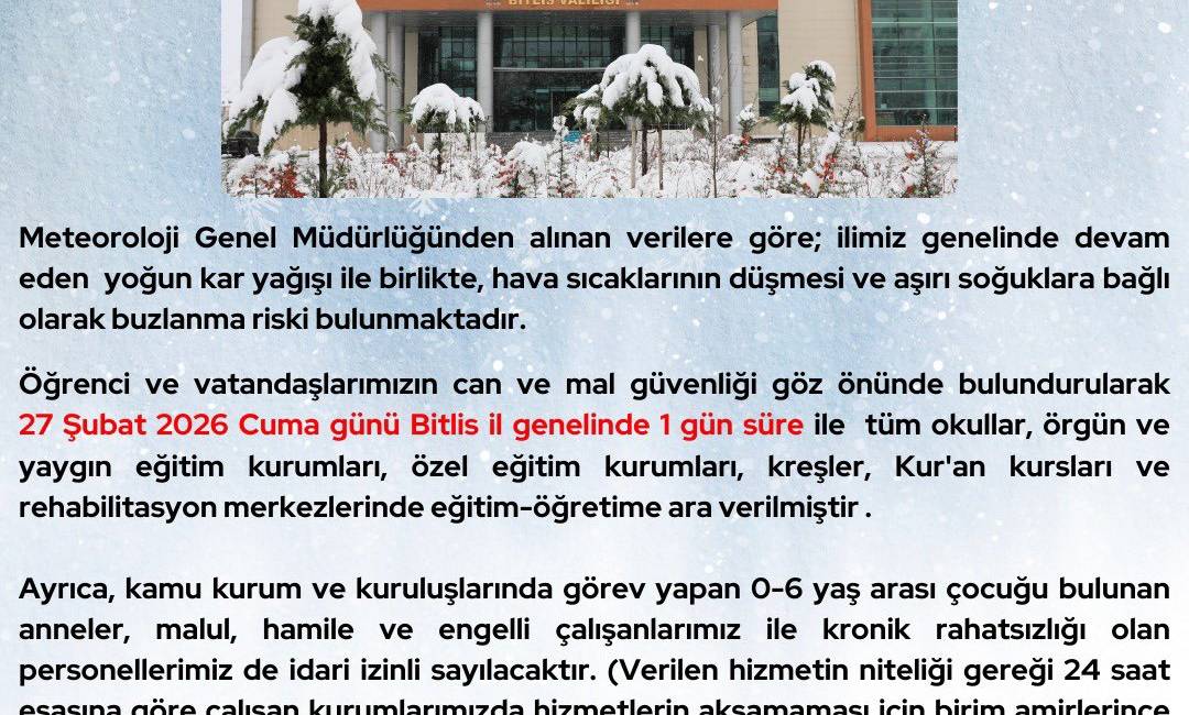 Bitlis’te Eğitime Kar Engeli: Okullar 1 Gün Tatil Edildi Bitlis Valiliği tarafından yapılan basın duyurusuna göre, il genelinde etkili