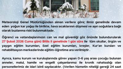 Bitlis’te Eğitime Kar Engeli: Okullar 1 Gün Tatil Edildi Bitlis Valiliği tarafından yapılan basın duyurusuna göre, il genelinde etkili