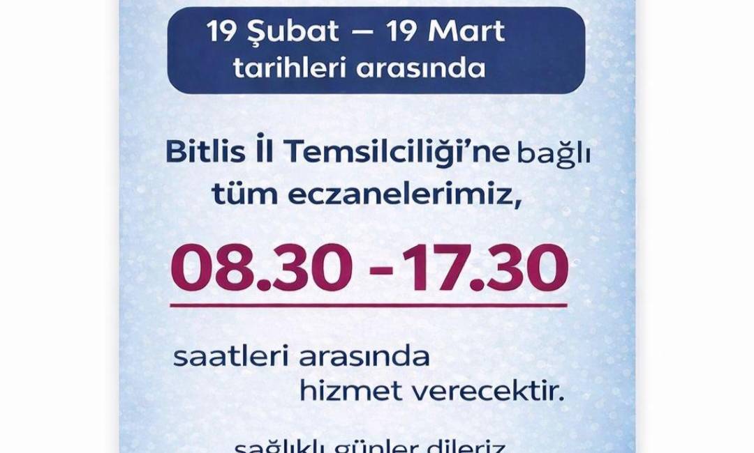 Bitlis’teki eczanelerin Ramazan çalışma saatlerini belli oldu Bitlis’te faaliyet gösteren eczanelerin Ramazan ayı boyunca uygulanacak çalışma saatleri