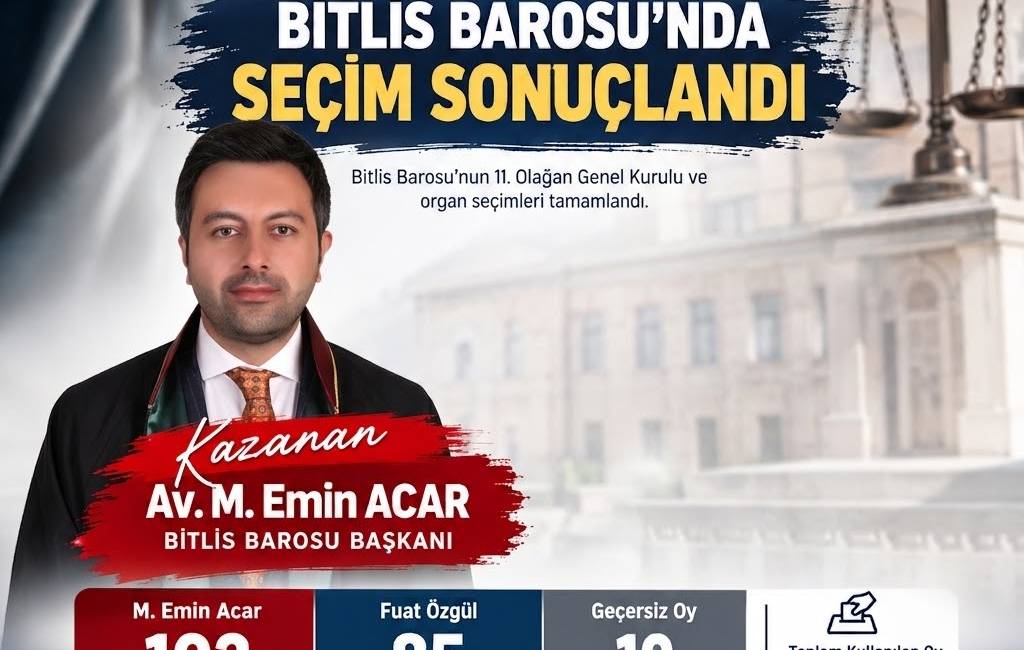 Bitlis Barosu’nda yeni başkan M. Emin Acar oldu Bitlis Barosu’nun 3 Ekim’de gerçekleştirilen başkanlık seçiminde Av. M. Emin